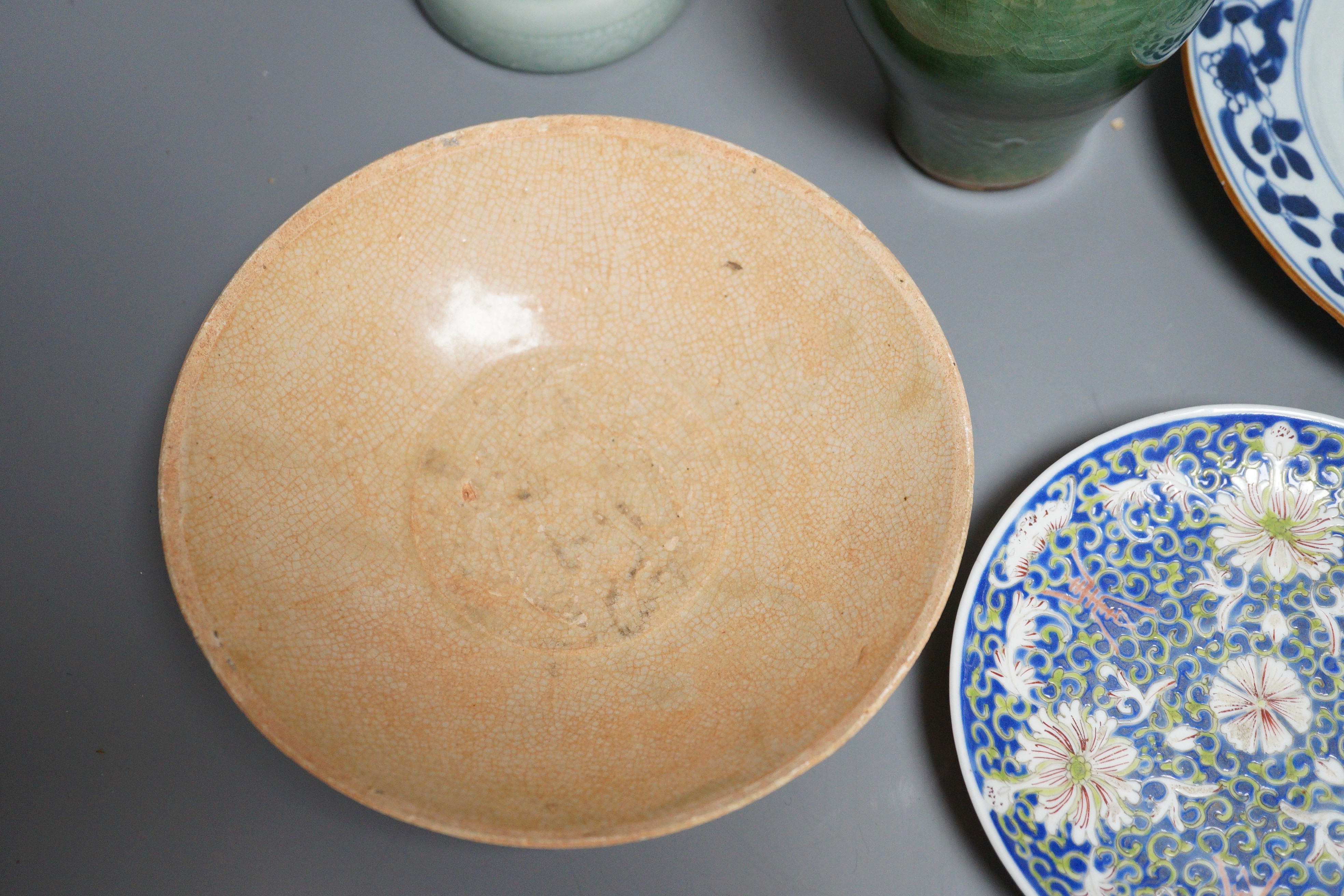 An 18th century Chinese blue and white dish together with other Chinese ceramics, dish diameter 22cm